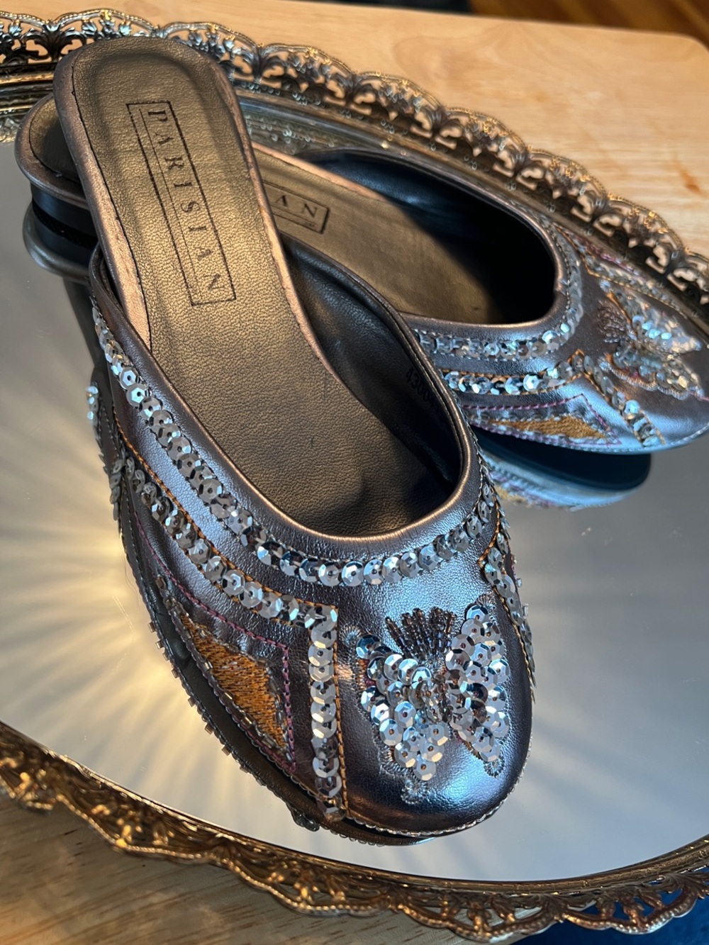Parisian Metallic Embellished Slip-On Mules - Bronze